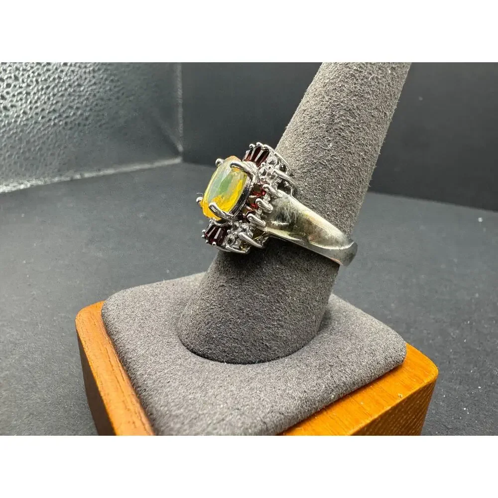 J&T Thai 925 Sterling Silver Fire Opal Ring Garnet CZ Halo Cluster Ring Sz 9.75